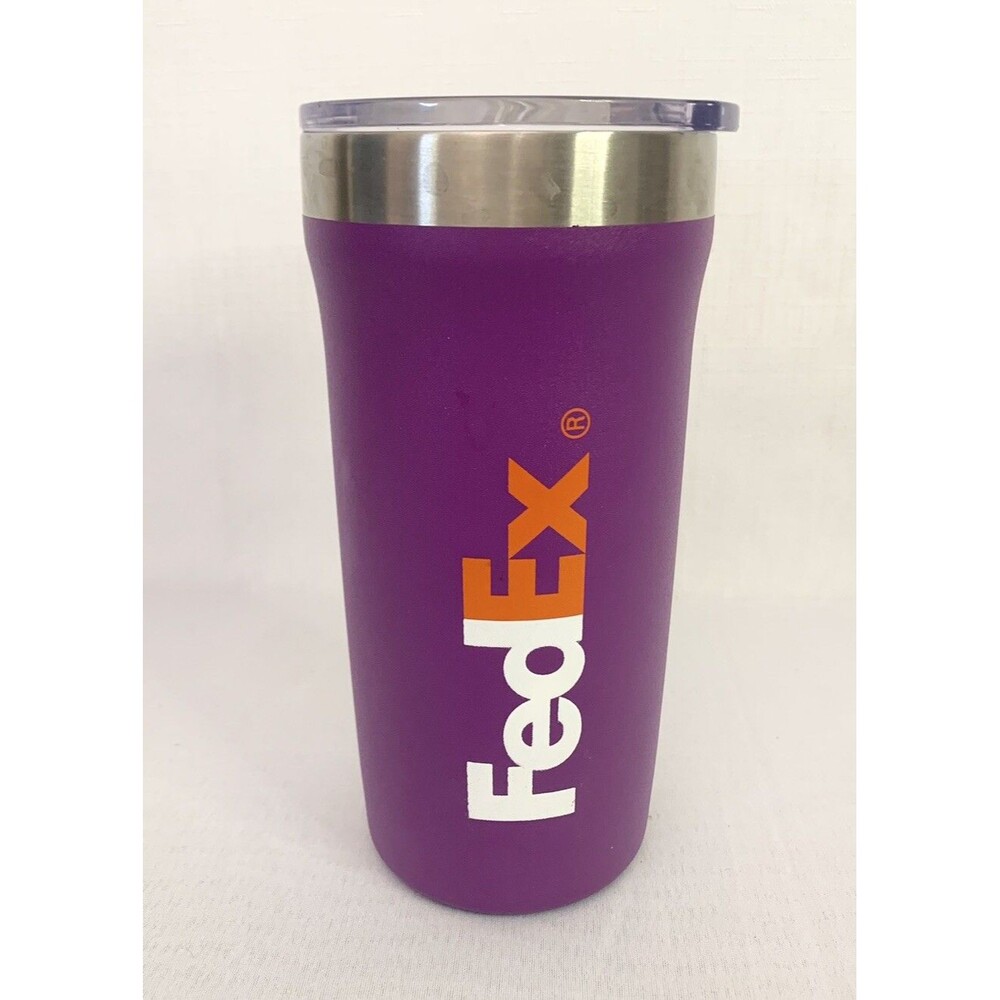 FedEx Purple 18 Fl. Oz Tumbler With Clear Lid Metal Drink Cup Travel Coffee